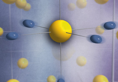 <p>Estructura con enlaces de hidrógeno simétricos inducidos por el comportamiento cuántico de los protones, representados mediante esferoides azules fluctuantes. / UPV/EHU</p>