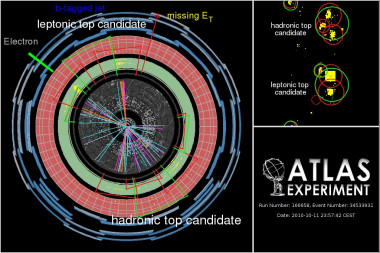 <p>Representación gráfica del detector de ATLAS para una colisión donde se han producido dos quarks top altamente energéticos. Imagen: ATLAS/IFIC.</p>