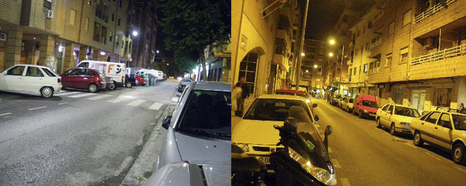 <p>Calle iluminada con luz blanca (luminarias LED) y con luz amarillo-sodio (lámparas de sodio alta presión) / UGRdivulga</p>