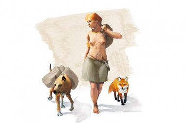 <p>Representanción artística de una mujer de la Edad de Bronce acompañada por un perro y un zorro / J. A. Peñas</p>