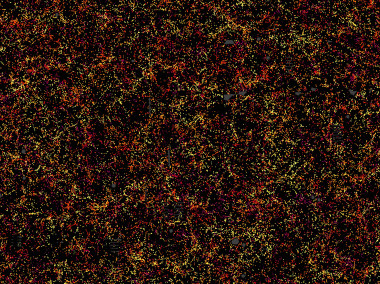 <p>Imagen de una vigésima parte del cielo, una porción de 6.000 millones de años luz de ancho, 4.500 millones de alto y 500 de profundidad. Se trata de una porción del cartografiado del universo del <em>Sloan Digital Sky Survey </em>y el programa<em> Baryon Oscillation Spectroscopic Survey</em> (BOSS). Cada punto indica la posición de una galaxia hace 6.000 millones de años. El color indica la distancia desde la Tierra, siendo las amarillas las galaxias más cercanas y las moradas las más lejanas. Las galaxias están agrupadas en cúmulos, revelando supercúmulos y vacíos cuya presencia se puede rastrear hacia atrás en el tiempo hasta la primera fracción de segundo después del Big Bang. La imagen contiene 48.741 galaxias, un 3% de todos los datos del cartografiado. Las manchas grises son pequeñas áreas sin datos. / Daniel Eisenstein y SDSS-III</p>