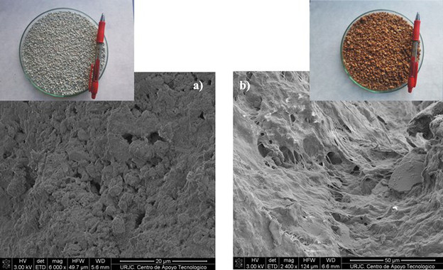 <p>Materiales de clinoptilolita y palygorskita, incluyendo detalles captados con el microscopio electrónico. / María Leal/URJC</p>