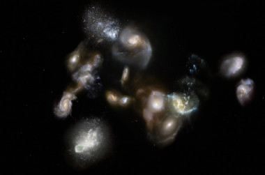 <p>Ilustración de un grupo de galaxias fusionándose en el universo temprano para formar cúmulos de galaxias, los objetos más masivos del universo moderno. / ESO/M. Kornmesser</p>