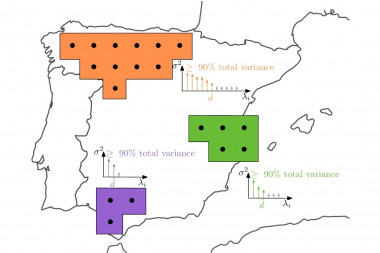 <p>Mapa de la península ibérica con los nodos de clústeres pequeños (morado) y más grandes (verde o naranja). / URJC</p>