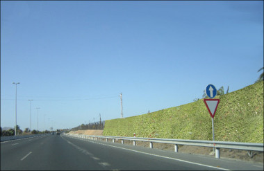 <p>Nuevas pantallas acústicas vegetales instaladas en una autovía de Las Palmas de Gran Canaria. / UPM</p>