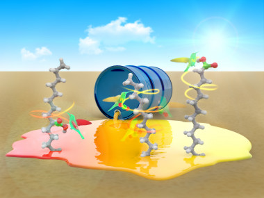<p>El níquel (representado como un pajarillo) transforma hidrocarburos en ácidos grasos. A temperaturas bajas, incorpora el CO<sub>2</sub> (verde y rojo) cerca de los extremos de la molécula. / © Ramón Andrade. 3DCiencia.com</p>