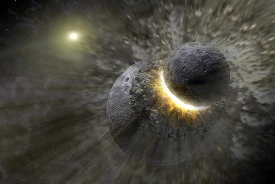 <p>Ilustración del choque entre Theia y la Tierra, una gran colisión de la que pudo surgir la Luna. / NASA</p>
