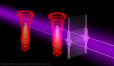 <p>Láseres ultravioletas producen pulsos cortos tipo láser de rayos X. / Kapteyn-Murnane Group, Steven Burrows, JILA</p>