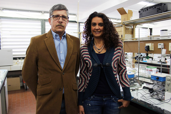 <p>Los investigadores Miguel Ángel Bello y Mercedes Millar en los laboratorios de la Facultad de Química. / US</p>