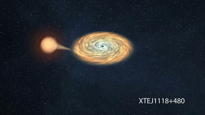 <p>Sistema binario XTEJ1118+480 donde la estrella compañera va cayendo hacía el agujero negro. / Gabriel Pérez (SMM-IAC)</p>