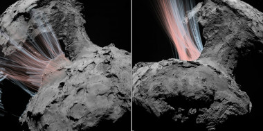 <p>Trayectorias simuladas de las partículas de polvo registradas frente al valle del cuello de 67P y a lo largo de ese valle, teniendo en cuenta el gas que sale de la región Hapi, la que conecta los dos lóbulos del núcleo. Las trazas azules representan trayectorias de partículas emitidas desde el terminador; y las rojas, las del resto de la zona iluminada en Hapi. / X. Shi et al./Rosetta (ESA)</p>