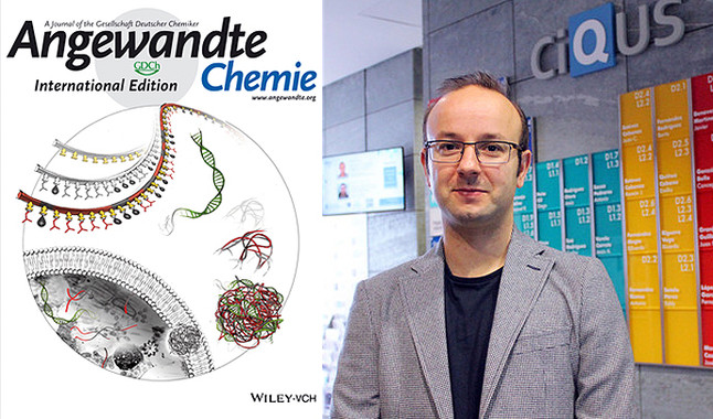 <p>Portada de <em>Angewandte Chemie</em> con el esquema del estudio y uno de los autores<em>, </em>Javier Montenegro, del CiQUS. / Andrés Ruiz</p>