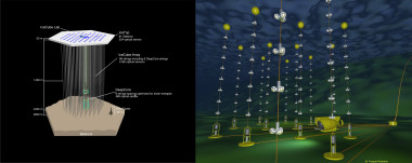 <p>Ilustraciones de los telescopios de neutrinos IceCube y ANTARES. / CPAN</p>