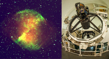 <p>La cámara PAU instalada en el telescopio William Herschel (a la derecha) ya ha captado imágenes como esta de Nébula M2700. / IFAE</p>