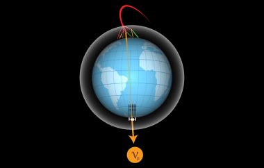 <p>Esquema de la formación de neutrinos en la atmósfera terrestre por el choque de rayos cósmicos y su posterior detección en IceCube tras atravesar la Tierra. / IceCube Collaboration.</p>