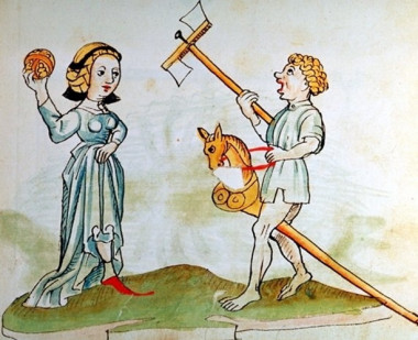 <p>Ilustración medieval de niños jugando con un caballito y una pelota. / ÖNB-Biblioteca Nacional de Austria 12820, fol. 182r, c. 1484-1486.</p>