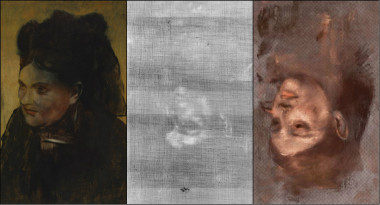 <p>A la izquierda el <em>Retrato de una mujer de</em> Edgard Degas, que esconde invertido el retrato de la modelo Emma Dobigny. A la derecha, representación en falso color del retrato oculto. / David Thurrowgood</p>