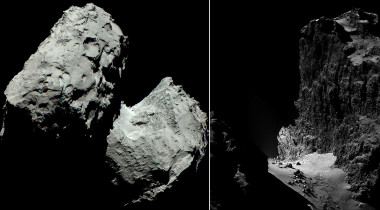 <p>Cometa Churyumov-67P/Gerasimenko y detalle de uno de sus agrestes ‘acantilados’. / ESA/OSIRIS/NAVCAM</p>