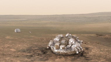 <p>Recreación de cómo debería haber quedado Schiaparelli si su aterrizaje hubiera ido bien. La imagen real, todavía no disponible, es una nave estrellada en el suelo marciano./ ESA</p>