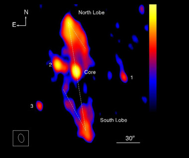 <p>Imagen obtenida con el Jansky Very Large Array en ondas de radio a la frecuencia de 5 GHz del microcuásar GRS 1758-258. La línea blanca a trazos indica la trayectoria en forma de Z que sigue el flujo de plasma relativistas eyectado desde las proximidades del núcleo central donde reside el agujero negro. Los objetos marcados con los número 1, 2, y 3 son astros de fondo no relacionados con el microcuásar. / Josep Martí et al.</p>