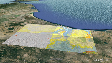 <p>Distribution of thematic layers on a scale of 1:50,000 over the satellite images of Google Earth. Above shows the area left of the Strait of Gibraltar. / USAL</p>