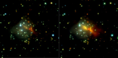 <p>Imágen de NIRS 3 tomada en 2009 para el sondeo UKIRT (izquierda) y otra de la estrella en formación tomada por la cámara PANIC en 2015 (derecha), que muestra el intenso aumento de luminosidad detectado. / IAA(CSIC)</p>