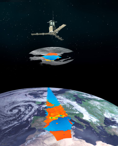 <p>Recreación del satélite SMOS, cuyos datos sobre humedad del suelo ayudan a monitorizar la sequía agrícola. / ESA</p>