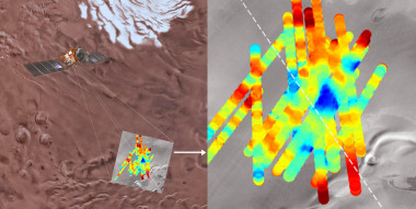 <p>El radar de la nave Mars Express ha sondeado la región Planum Australe de Marte, donde ha detectado un lago subglacial. La potencia de los ecos subsuperficiales se muestran con un código de color, donde el azul oscuro corresponde a las reflexiones más fuertes emitidas por una masa de agua líquida. / USGS Astrogeology Science Center, Arizona State University, INAF, ESA.</p>