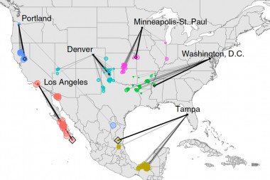 <p>Mapa del estudio en el que se vincula las previsiones climáticas de algunas áreas urbanas de América del Norte para el año 2080 con el clima actual de otras ciudades</p>