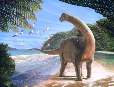 <p>Reconstrucción del nuevo dinosaurio titanosaurio <em>Mansourasaurus shahinae</em> en la costa, hace aproximadamente 80 millones de años, en lo que hoy es el desierto occidental de Egipto / Andrew McAfee, Carnegie Museum of Natural History</p>
