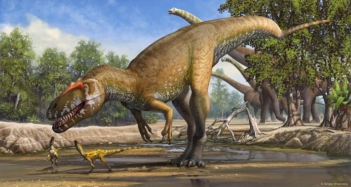 <p>Reconstrucción de<em> Torvosaurus</em> <em>gurneyi </em>en su entorno. / Sergey Krasovskiy.</p>