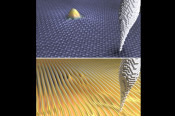 En la foto superior se muestra la reconstrucción 3D de la imagen cruda obtenida por microscopio de efecto túnel. La imagen de abajo representa la señal obtenida a partir de microscopio, empleando el nuevo método desarrollado en el trabajo