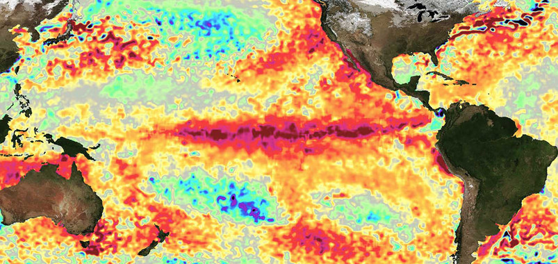 <p>Diferencias de temperatura de la superficie del mar (1 de marzo de 2016). El rojo oscuro indica agua mucho más cálida. / NASA Jet Propulsion Laboratory.</p>