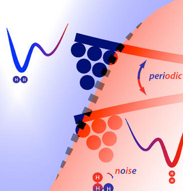 <p>Representación del movimiento entre la punta de un oscilador y una molécula de hidrógeno que alterna entre dos estados. Imagen: J. I. Pascual et al.</p>