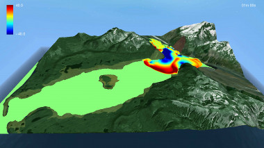 <p>Imagen de la simulación del comportamiento de tsunamis generados por avalanchas. / Fundación Descubre</p>