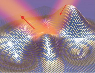 <p>Ilustración 3D de una capa de invisibilidad hecha de un manto ultrafino de nanoantenas (bloques de oro) que cubre un objeto. La luz se refleja (flechas rojas) como en en un espejo plano. / Equipo de Xiang Zhang / Berkeley Lab/ UC Berkeley</p>
