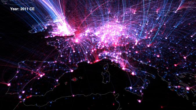 <p>Mapa de la red dinámica de nacimientos y muertes de personas notables en Europa en 2011 / Maximilian Schich / Mauro Martino</p>