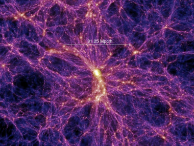 <p>Simulación por ordenador que muestra la distribución de materia en el universo, con nodos densos, filamentos y vacíos. / V. Springel, MPIA</p>