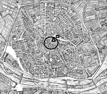 <p>El área del incendio, sobre el mapa elaborado por el Padre Tosca (año 1709). El círculo marca la zona afectada, el triángulo presupone el lugar donde comenzó el fuego y el rectángulo, la ubicación donde se exhibieron los cuerpos de los asesinos de Paiporta. / UV</p>