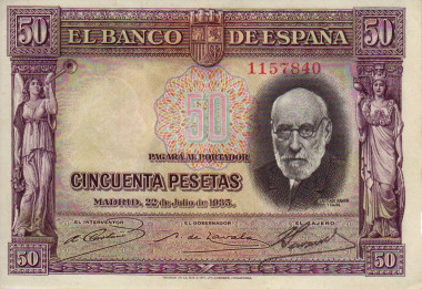 <p>Billete español de 50 pesetas con el rostro de Cajal, que entró en vigor en 1935.</p>