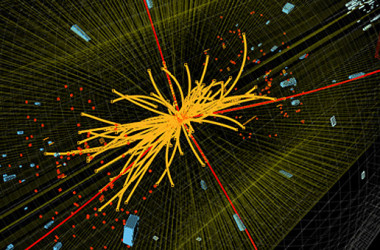 <p>Colisión protón-protón en el experimento CMS con resultado de cuatro muones de alta energía (líneas rojas). Podría informar sobre la desintegración de un bosón de Higgs, pero también producirse por otros procesos físicos. Imagen: CMS/CERN.</p>