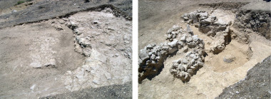 <p>Corte al inicio y durante el desarrollo de la excavación, con los restos constructivos de una de las tumbas abiertas en la ladera. Imagen: UAH.</p>