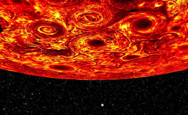 <p>Calor que irradia el planeta a través de las nubes del polo sur de Júpiter: en color amarillo las de menor profundidad; en rojo, las de mayor. / <a href="https://press.nature.com/wp-content/uploads/files/2018/03/Jupiter.jpg" target="_blank">NASA/SWRI/JPL/ASI/INAF/IAPS</a></p>