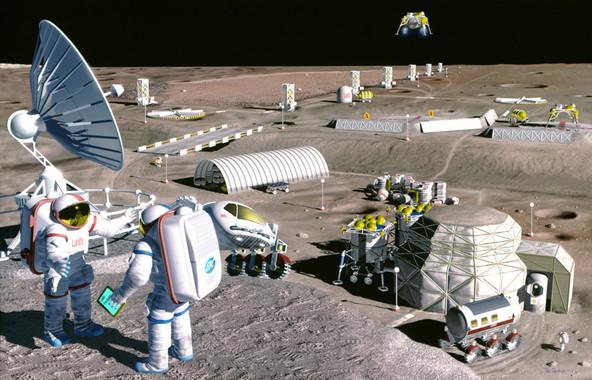 <p>Representación artística de 1995 de una operación lunar de extracción de oxígeno del suelo lunar en Mare Serenatatis, a pocos kilómetros del lugar de aterrizaje del Apolo 17. / SAIC/Pat Rawlings</p>