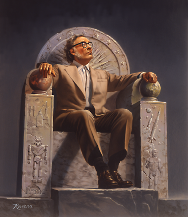 <p>Retrato de Asimov rodeado por los símbolos de su obra / <a href="http://commons.wikimedia.org/wiki/File:Isaac_Asimov_on_Throne.png" target="_blank">Rowena Morrill </a></p>