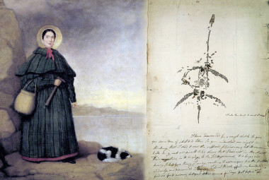 <p>Retrato de Mary Anning junto a su perro (izquierda) y un dibujo y una carta escrita por Anning en la que se anunciaba el hallazgo del esqueleto fósil de un plesiosaurio (derecha). / Museo de Historia Natural de Londres </p>