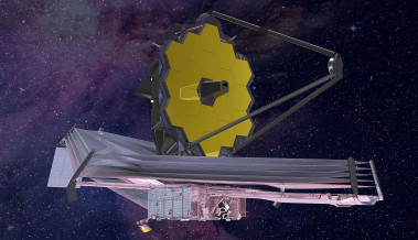 <p>Ilustración del telescopio James Webb en el espacio, con su enorme espejo segmentado de 6,5 m bañado en oro. / Northrop Grumman</p>