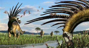 <p>Un grupo de bajadasaurios a la vera de un curso de agua, en una vasta pradera de equisetos. Ilustración del paleoartista Jorge A. González.</p>