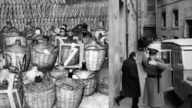 <p>Garrafas y otros recipientes intervenidos por la policía, que sirvieron como prueba en el sumario de la causa del orujo metílico (metanol). A la derecha, el bodeguero ourensano Rogelio Aguiar abandona el tribunal a la espera de conocer el fallo judicial por la intoxicación que provocó y que sabía que podía ser letal. / Efe</p>